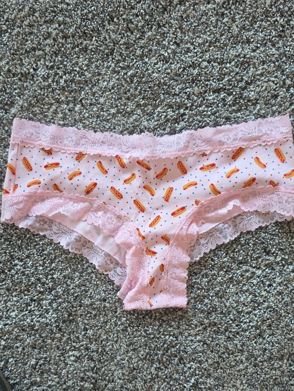 Victoria's Secret Pink Lace Hipster Bottoms with Hot Dog Print Sz L CHEEKY panty